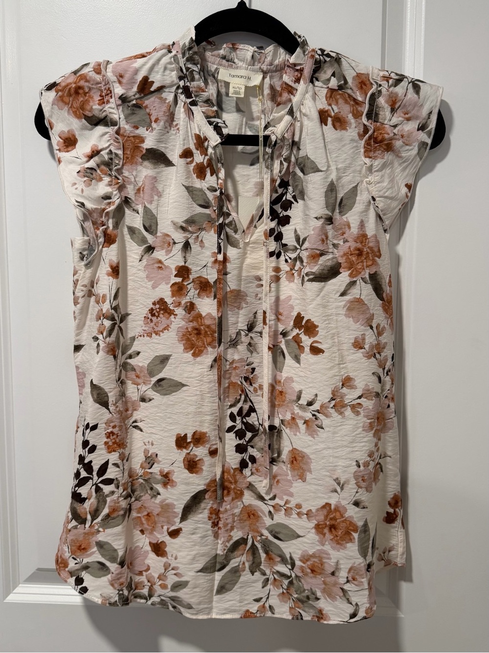Tie-Neck Cap Sleeve Floral Blouse - Cream with Rust Floral